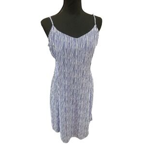 Old Navy Blue White Striped Midi Rayon Sun Dress Size Large Spaghetti Strap